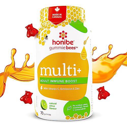 Honibe Adult Multivitamin Gummies Plus Immune Boost | Honey-Based Vitamins Made in Canada | Chewable Immune Boosting Gummy Multivitamins for Women or Men | Vegetarian Zinc Vitamins for Adults | 70 gummies |