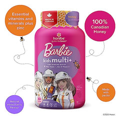 Honibe Kids Multivitamin Gummies Plus Immune Boost | Barbie | Honey-Based Vitamins Made in Canada | Children's Chewable Gummy Vitamins | Kids Zinc Vitamin Gummy Bees | 60 gummies