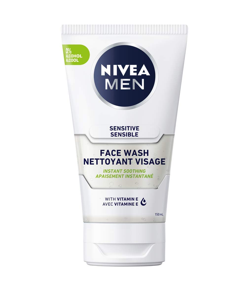 NIVEA MEN Sensitive Skin Face Wash (150 ml), Mild Soap Free Cleanser with No Drying Alcohol, Mens Face Wash Enriched with Chamomile and Vitamin E for Sensitive Skin