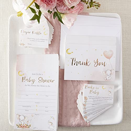 Elephant Baby Shower Invitation & Thank You Card Bundle - Pink (Set of 25)