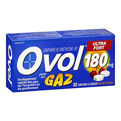 Ovol Extra Strength, Cherry Flavour Chewable Tablets, Gas Pain, Pressure, and Bloating Relief, 180mg, 32 Count