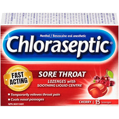 Chloraseptic Fast Acting Sore Throat Lozenges with Soothing Liquid Centre, Cherry Flavour, 15 Lozenges