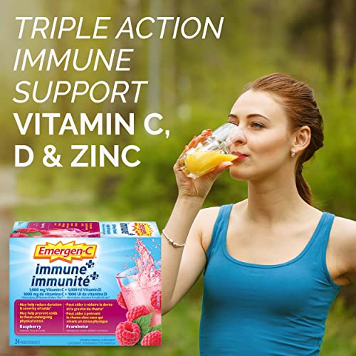 Emergen-C Immune+ 1000mg Vitamin C Powder Supplement, Drink Mix, Immune System Booster, Rasberry, 24 Packets