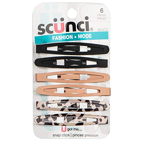 Scunci 6pc Trendy Metal Wide Oval Snap Hair Clips In Matte Black, Nude & Leopard, 6 Count