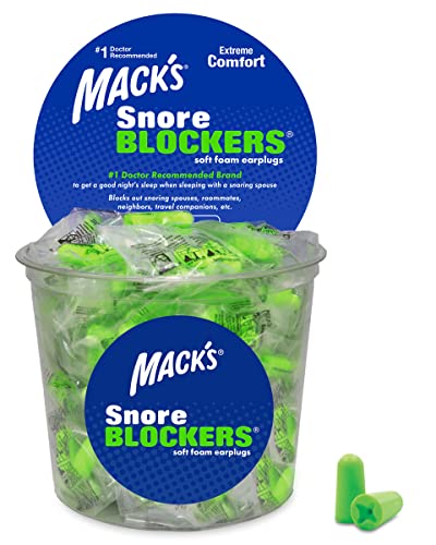 Mack's Snore BLOCKERS Soft Foam Earplugs - 100 Pair Tub - Comfortable, High 32 dB Noise Reduction Ear Plugs for Snoring Spouses, Fishing Buddies, Roommates and Travel Partners