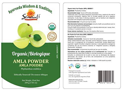 Sewanti Organic Amla fruit Powder, NPN 80090917, 200 gram