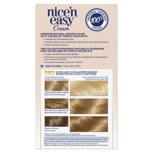 Clairol Nice'n Easy Permanent Hair Dye, SB2 Ultra Light Cool Summer Blonde Hair Color, 1 Count