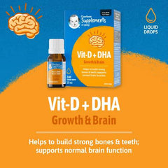 Gerber Supplements for Baby Vitamin D and DHA, Drops, 0-2 Years, Supports Strong Bones, Teeth & Normal Brain Function, No Colours, No Flavours, No Sweeteners, Gluten-Free, Vegetarian