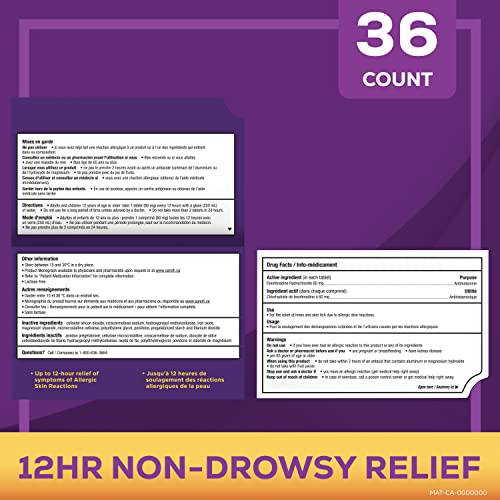 Allegra Hives - 12-Hour Itchy Skin Relief Due to Hives, Allergic Skin Reactions - 60 Mg Fexofenadine Hydrochloride, Antihistamine - Non-Drowsy Formula - Adults, Kids, 12 & Older - 36 Tablets