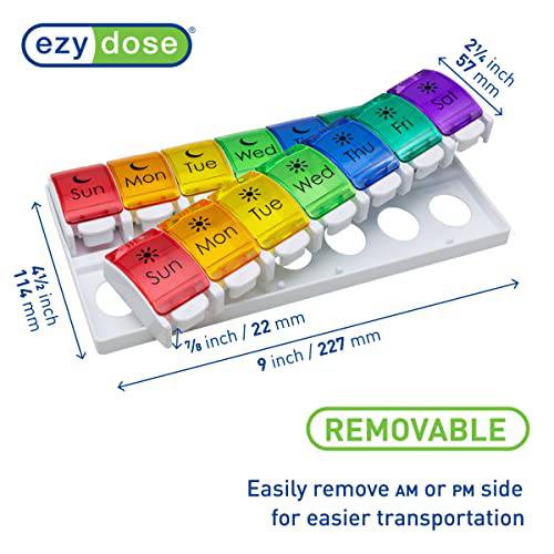 EZY DOSE Push Button (7-Day) Pill Case, Medicine Planner, Vitamin Organizer, 2 Times a Day AM/PM, Removeabale Trays, Large Compartments, Arthritis Friendly, Rainbow Lids