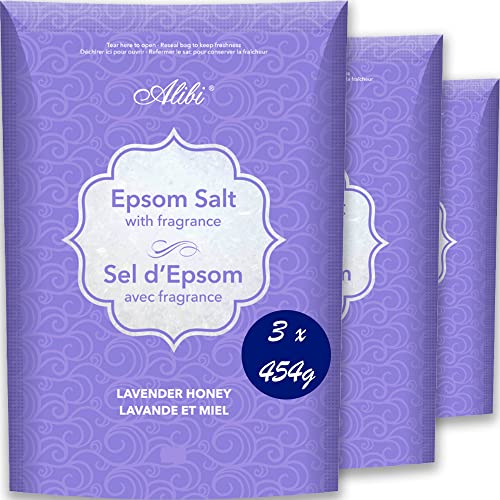 Alibi Epsom Salt Scented - Honey & Lavender Epsom Salts for soaking and bath salts - Natural Magnesium Sulfate Crystals - 3 Resealable Bags of 454 grams = 1.36 kg, White