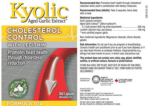 Kyolic - Cholesterol Control with Lecithin, 360 Capsules - Kyolic Cholesterol Formula 104 - Cholesterol Lowering Supplement - Kyolic Aged Garlic Extract Capsules - Heart Health & Immune System Support