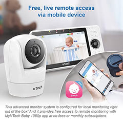 VTech VM901-1W WiFi Video Baby Monitor with Free Live Remote Access, White, 1080p Full HD Camera, 5" Screen, Pan Tilt Zoom, HD Night Vision, 2-Way Audio Talk, White, 1 Count