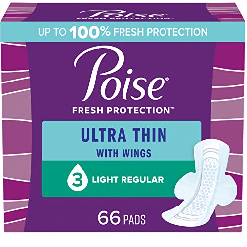 Poise Ultra Thin Postpartum Incontinence Pads with Wings, Light Absorbency, Regular Length, 66 Count