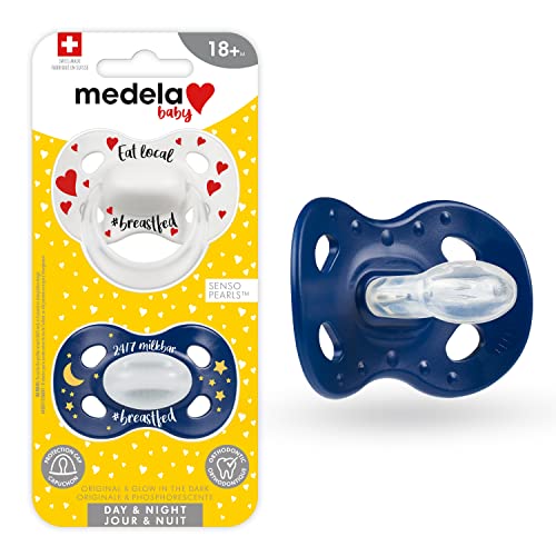 Medela Baby Pacifier | Day and Night Glow in the Dark | 18+ Months | 2-Pack, Lightweight | BPA-Free | Supports Natural Suckling | Eat Local and 24/7 Milkbar