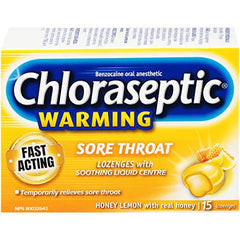 Chloraseptic Fast Acting Sore Throat Lozenges with Soothing Liquid Centre, Provides Warming Relief, Honey Lemon Flavour, 15 Lozenges