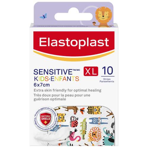 Elastoplast Sensitive Kids XL Bandages | 10 Strips | Extra Skin-friendly | Larger Pad for Better Coverage | Soft & Breathable Material | Hypoallergenic | Painless to Remove | Bacteria Shield | Latex Free