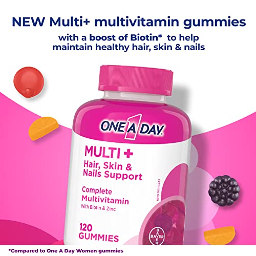 One A Day Multi+ Hair, Skin & Nails Multivitamin Gummies - Daily Vitamin Plus Support For Healthy Hair, Skin And Nails With Biotin And Vitamins A, C, E And Zinc For Women and Men, 120 Gummies