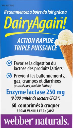 Webber Naturals Dairy Again Lactase Enzyme 250 mg, 60 Chewable French Vanilla Flavour Tablets, Helps Digestion of Lactose in Milk and Dairy Products