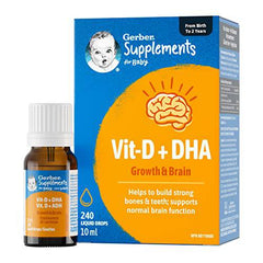 Gerber Supplements for Baby Vitamin D and DHA, Drops, 0-2 Years, Supports Strong Bones, Teeth & Normal Brain Function, No Colours, No Flavours, No Sweeteners, Gluten-Free, Vegetarian