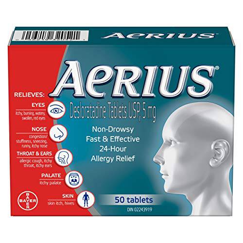 Aerius Allergy Medicine, Fast Relief, 24-Hour, Non-Drowsy, 15 Symptoms, 50 Tablets