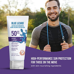 Blue Lizard Sport SPF 50 Mineral-Based Sunscreen Lotion - SPF 50, Broad Spectrum UVA/UVB, Water Resistant (Up to 80 Minutes) - 89 mL