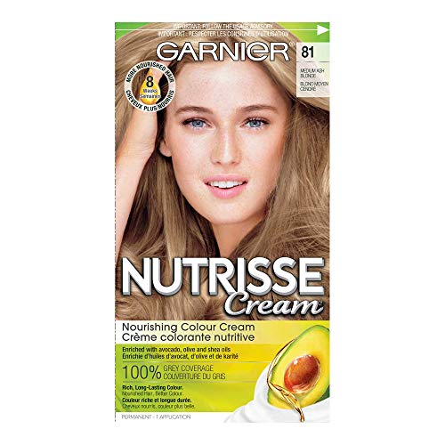 Garnier Nutrisse Cream, Permanent Hair Colour, 81 Medium Ash, 100% Grey Coverage, Nourished Hair Enriched With Avocado Oil, 1 Application