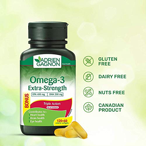 Adrien Gagnon - Omega 3 Extra-Strength (400 mg EPA + 200 mg DHA), 1000 mg, Cognitive, Cardiovascular and Joint Support. 180 (120+60 Bonus) Softgels