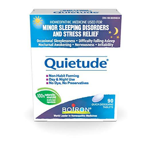 Boiron Quietude 90 tablets, Great for sleep and minor sleeping disorders (restlessness, difficulty falling asleep, nocturnal awakening, occasional sleeplessness) and nervousness (hypersensitivity, irritability). Homeopathic Medicine.