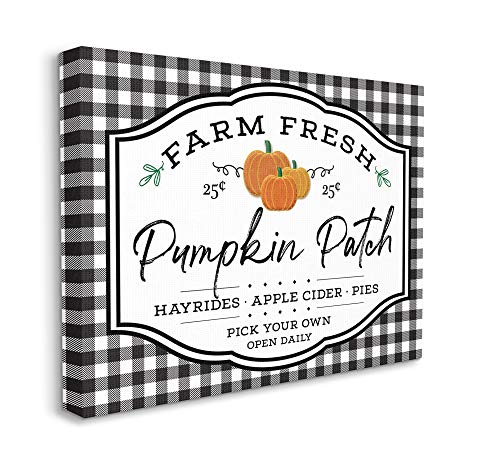 Stupell Industries Farm Fresh Pumpkin Patch Sign Black Checkered Plaid, AE Design Canvas Wall Art, 16 x 20