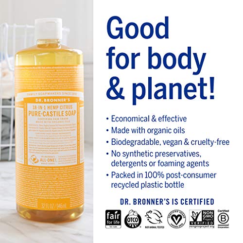 Dr. Bronner’s - Pure-Castile Liquid Soap (Citrus, 473 mL) - Made with Organic Oils, 18-in-1 Uses: Face, Body, Hair, Laundry, Pets and Dishes, Concentrated, Vegan, Non-GMO