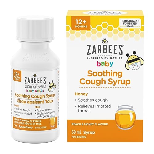 Zarbee's Baby Soothing Cough Syrup, Sore Throat Relief, Naturally Sourced Honey, Dye-Free, Peach & Honey Flavour, 59 mL