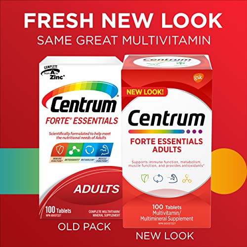 Centrum Adult Forte Essentials Mulitvitamins/Minerals Supplement for Men & Women, 100 Tablets (Packaging May Vary)