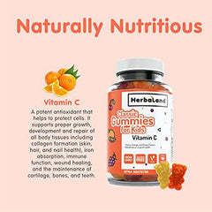 Herbaland Vegan Vitamin C Supplement for Kids - Plant-Based, Gluten-Free, and Natural Ingredients Vitamin Gummies for the maintenance of overall good health - Cherry, Orange and Grape Flavor - 60 Gummies