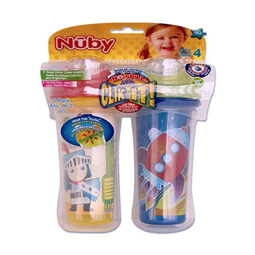 Nuby 531018KS Clik-It Insulated Knight Plus Space No-Spill Cool Sipper for 18 Month Plus Children(2 Pack), 9 oz(270ml), Yellow, Blue