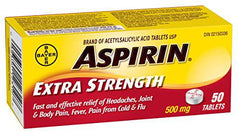 ASPIRIN Extra Strength 500mg, Fast & Effective Relief of Migraines, Headaches, Joint & Body Pain, Fever, Pain from Cold & Flu, 50 Tablets