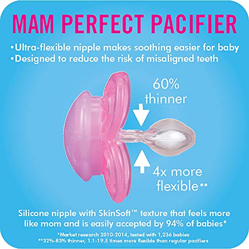 MAM Perfect Night Baby Pacifier, Patented Nipple, Glows in the Dark, 6-16  Months, Girl, 2 Count (Pack of 1)
