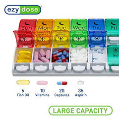 EZY DOSE Push Button (7-Day) Pill Case, Medicine Planner, Vitamin Organizer, 2 Times a Day AM/PM, Removeabale Trays, Large Compartments, Arthritis Friendly, Rainbow Lids