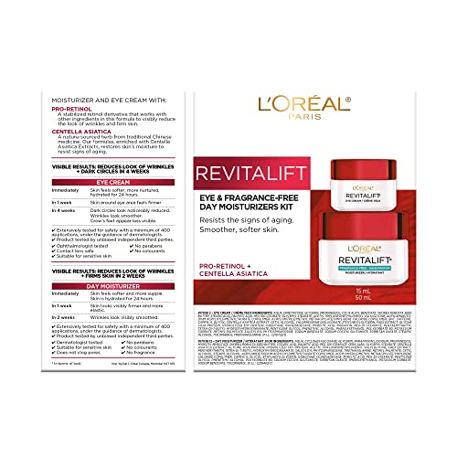 L'Oréal Paris Day Moisturizer Fragrance-Free + Eye Cream Kit, Revitalift Skincare, with Pro Retinol and Centella Asiatica, to Reduce the look of Wrinkles, 50ml & 15ml, 2 Count Kit.