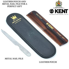 Kent K-Nu19 Comb, Coarse/Fine Tooth with Leather Case & Metal File (110mm/4.3in), 1 Count, brown