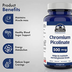 Chromium Picolinate 500mcg, 150 Caps - Glucose and Blood Sugar Support Supplement - Muscle Mass and Metabolism Support - An alternative to berberine - 3rd Party Tested - Formulated & Made in Canada