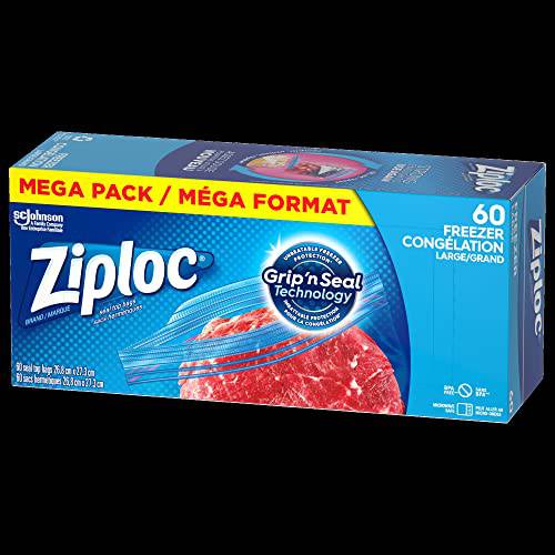 Ziploc Large Food Storage Freezer Bags, Grip 'n Seal Technology for Easier Grip, Open, and Close, 60 Count - Zecoya