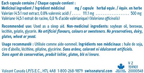 Swiss Natural - Valerian Root, 500mg | Promotes a Healthier Sleep Cycle | Valeriana Officinalis, Whole Root | Dietary Supplement | 60 Soft Gel Capsules
