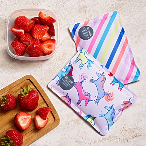 Cool Coolers by Fit & Fresh 2 Pack Soft Ice, Flexible Stretch Nylon Reusable Ice Packs for Lunch Boxes & Coolers, Unicorn Stripe