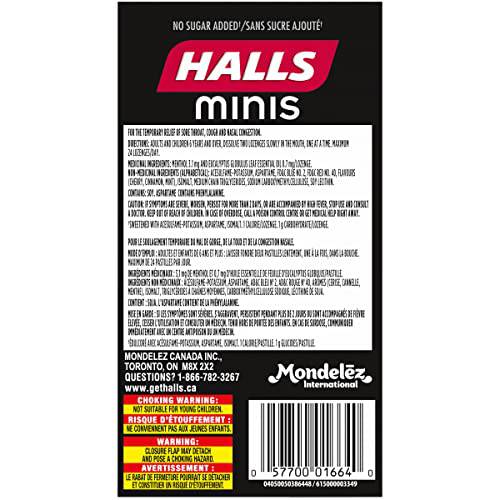 Halls Minis No Sugar Added Cherry Cough Drops, 24 lozenges per pack, 8 packs per tray