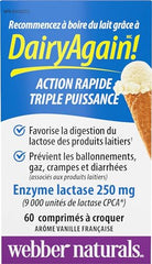 Webber Naturals Dairy Again Lactase Enzyme 250 mg, 60 Chewable French Vanilla Flavour Tablets, Helps Digestion of Lactose in Milk and Dairy Products