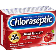 Chloraseptic Fast Acting Sore Throat Lozenges with Soothing Liquid Centre, Cherry Flavour, 15 Lozenges