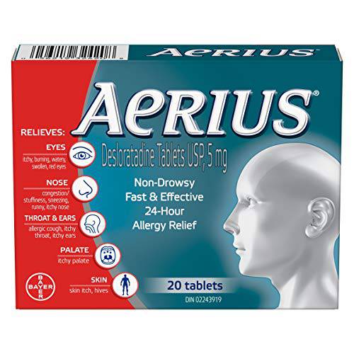 Aerius Allergy Medicine, Fast Relief, 24-Hour, Non-Drowsy, 15 Symptoms, 20 Tablets