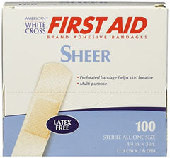 American White Cross Adhesive Bandages, Sheer Strips, 3/4" x 3", Box of 100