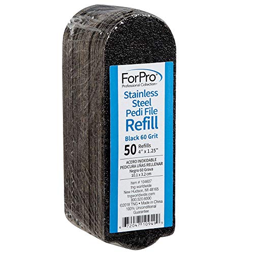 ForPro Professional Collection Stainless Steel Pedi File Refill, EZ-Strip Peel Pedicure Refill Pads, 1.25” W x 4” L, 50-Count (Black, 60 Grit)